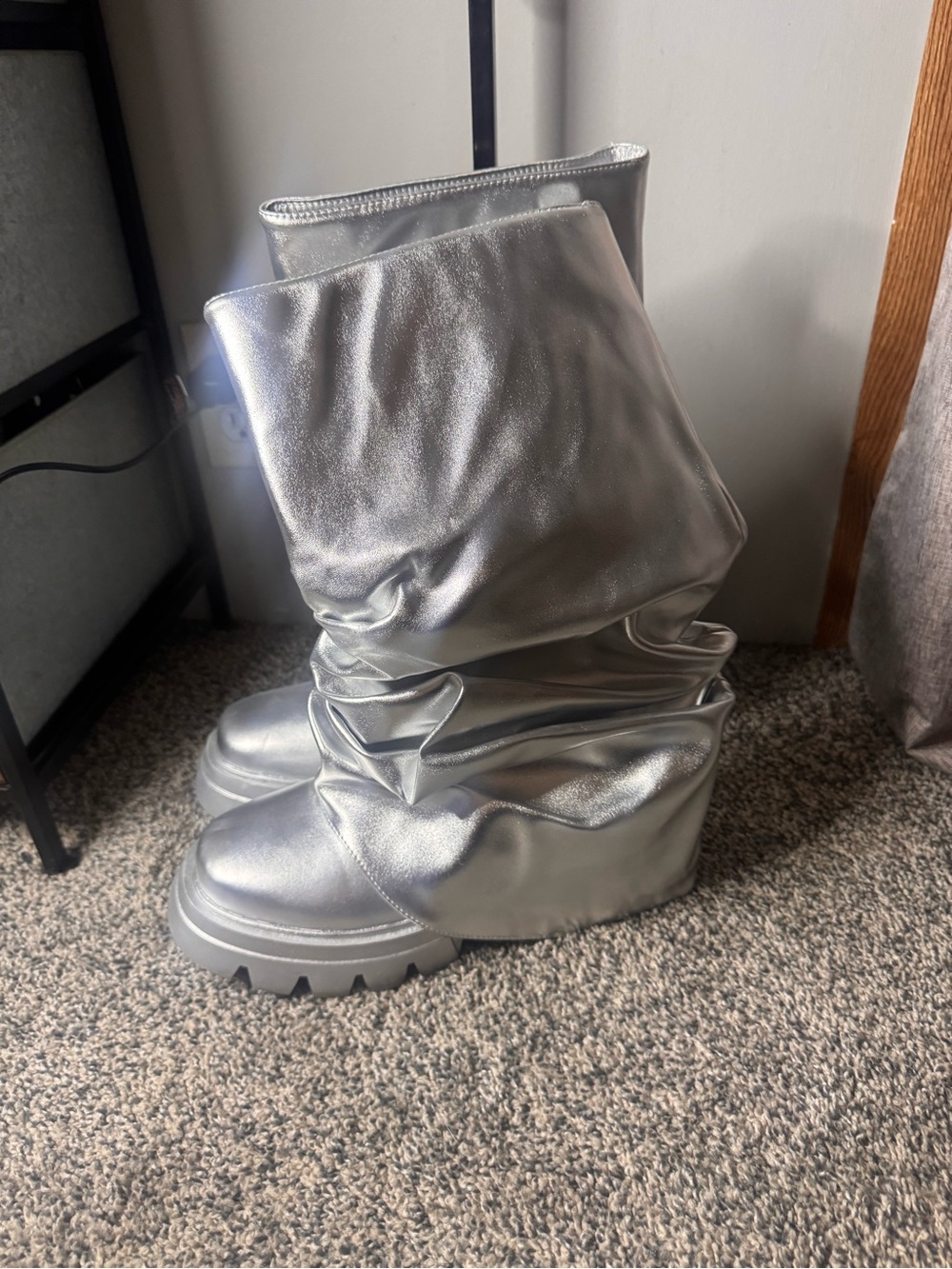 Metallic Silver Slouch Combat Boots for Women